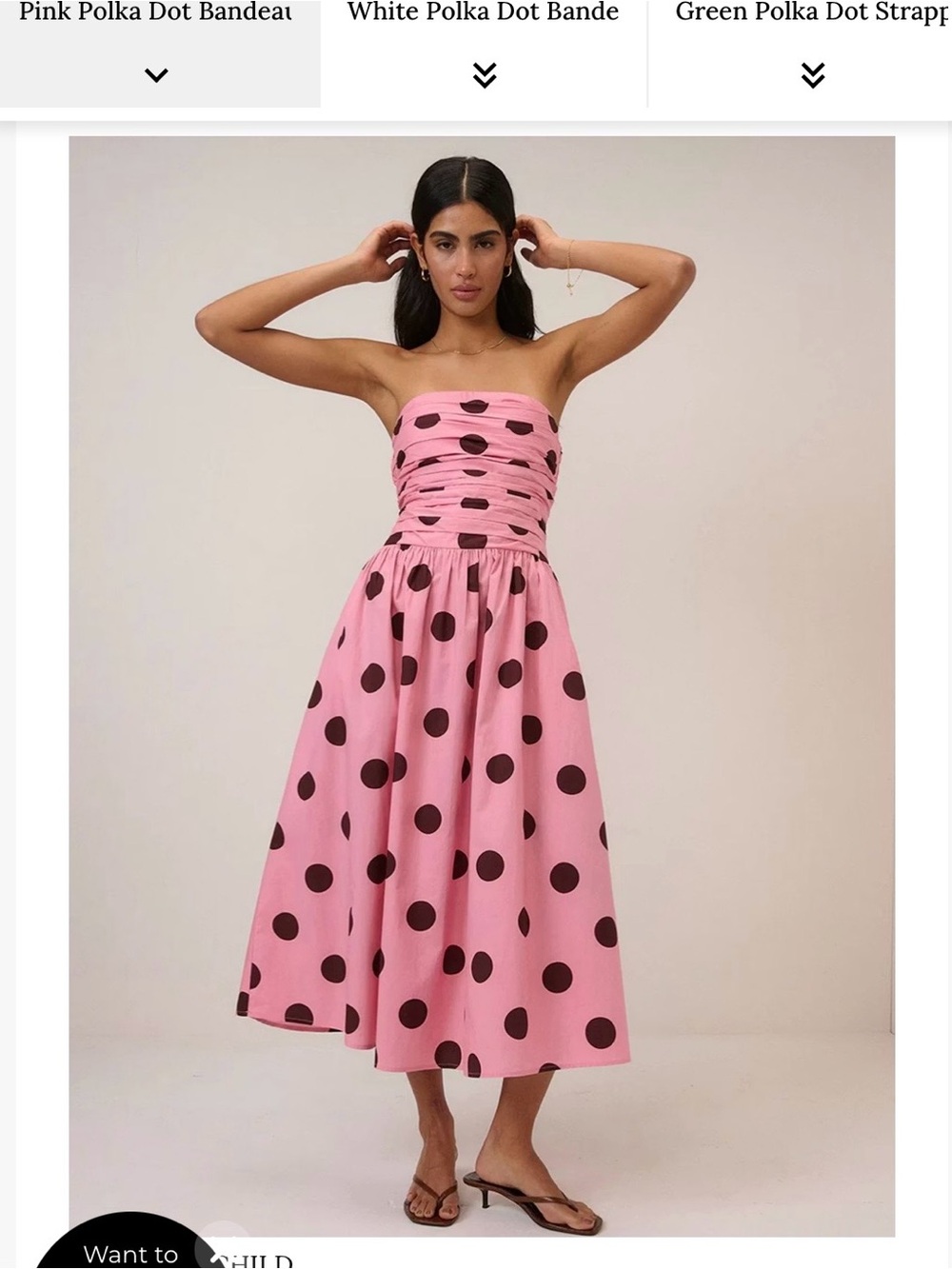 Ruched Strapless Pink Polka Dot Midi Dress